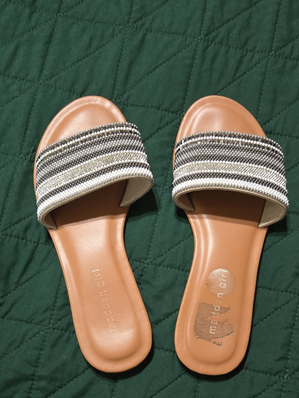 Madden Girl Tan Slide Sandals with Black, White & Silver Beaded Straps
